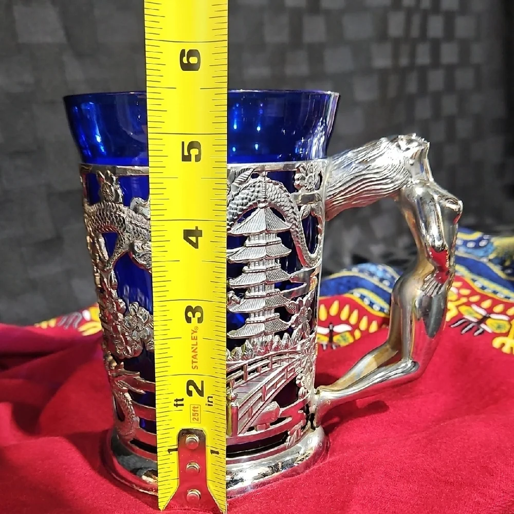 Vtg 1950s Japanese Cobalt Blue Glass Dragon Tankards Silver Nude Lady Mugs